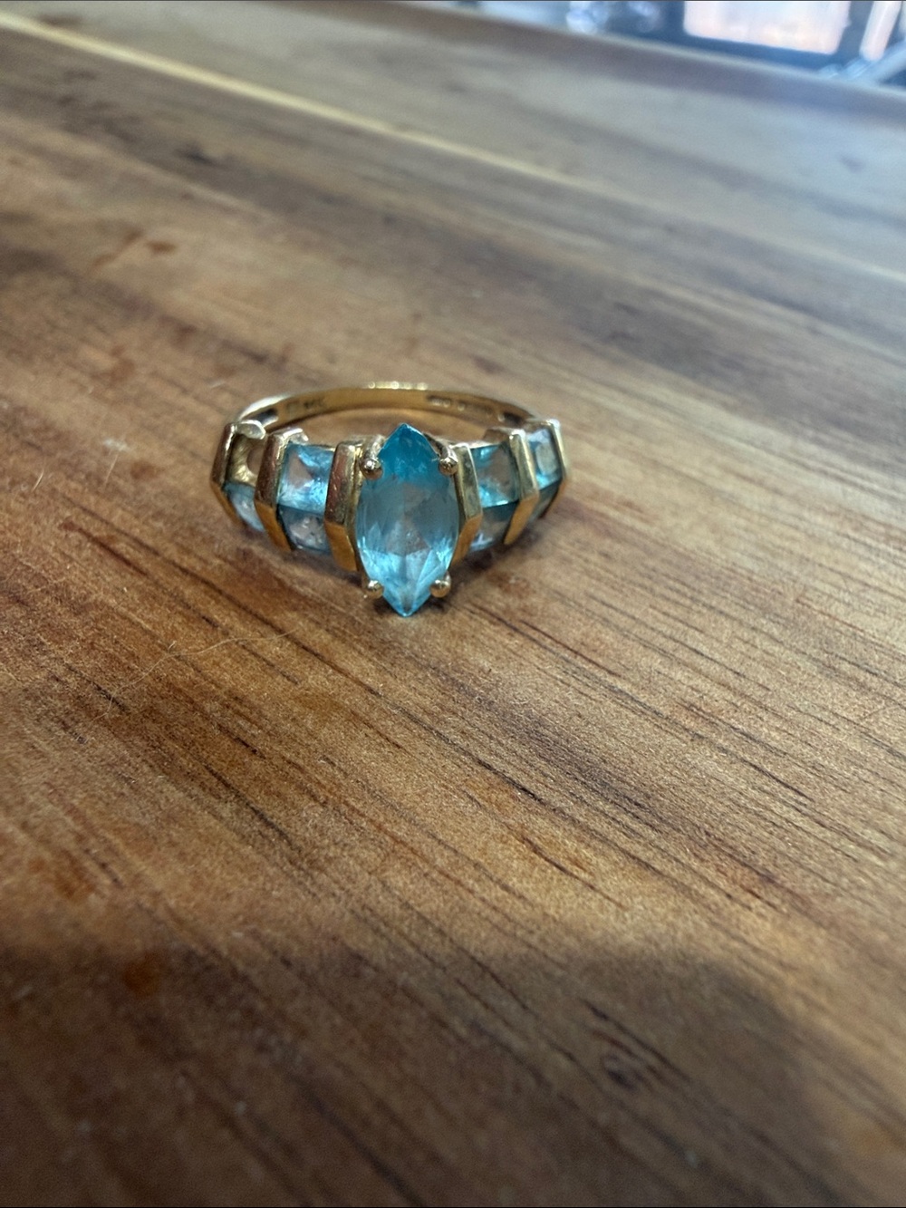 Gold 14kt Ring with Marquise Blue Gemstone *one stone missing, sold as is*